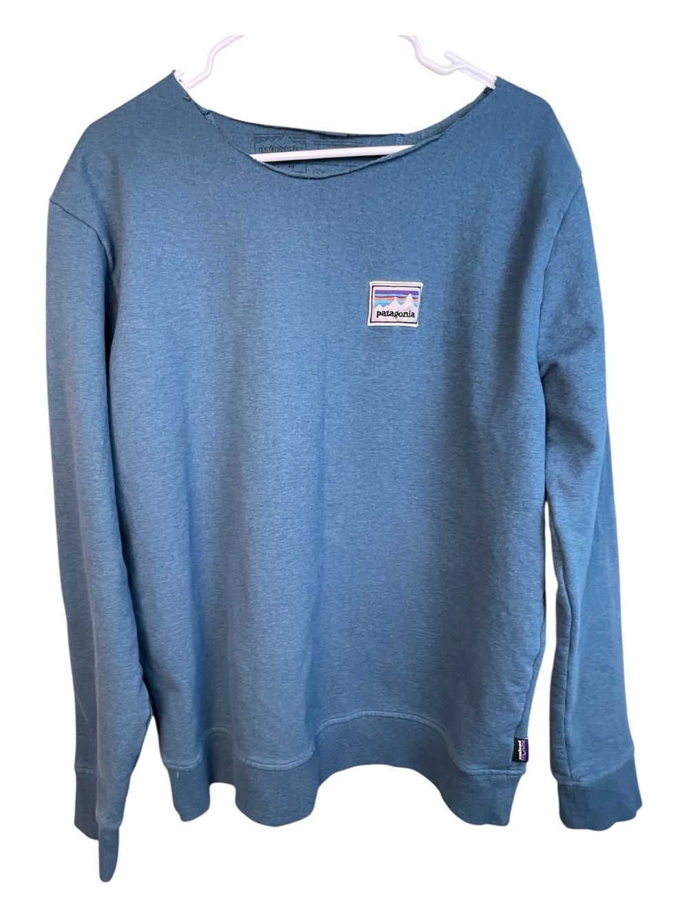 Patagonia Mens Blue Shop Sticker Patch Uprisal Crew Sweatshirt Size Large Collar